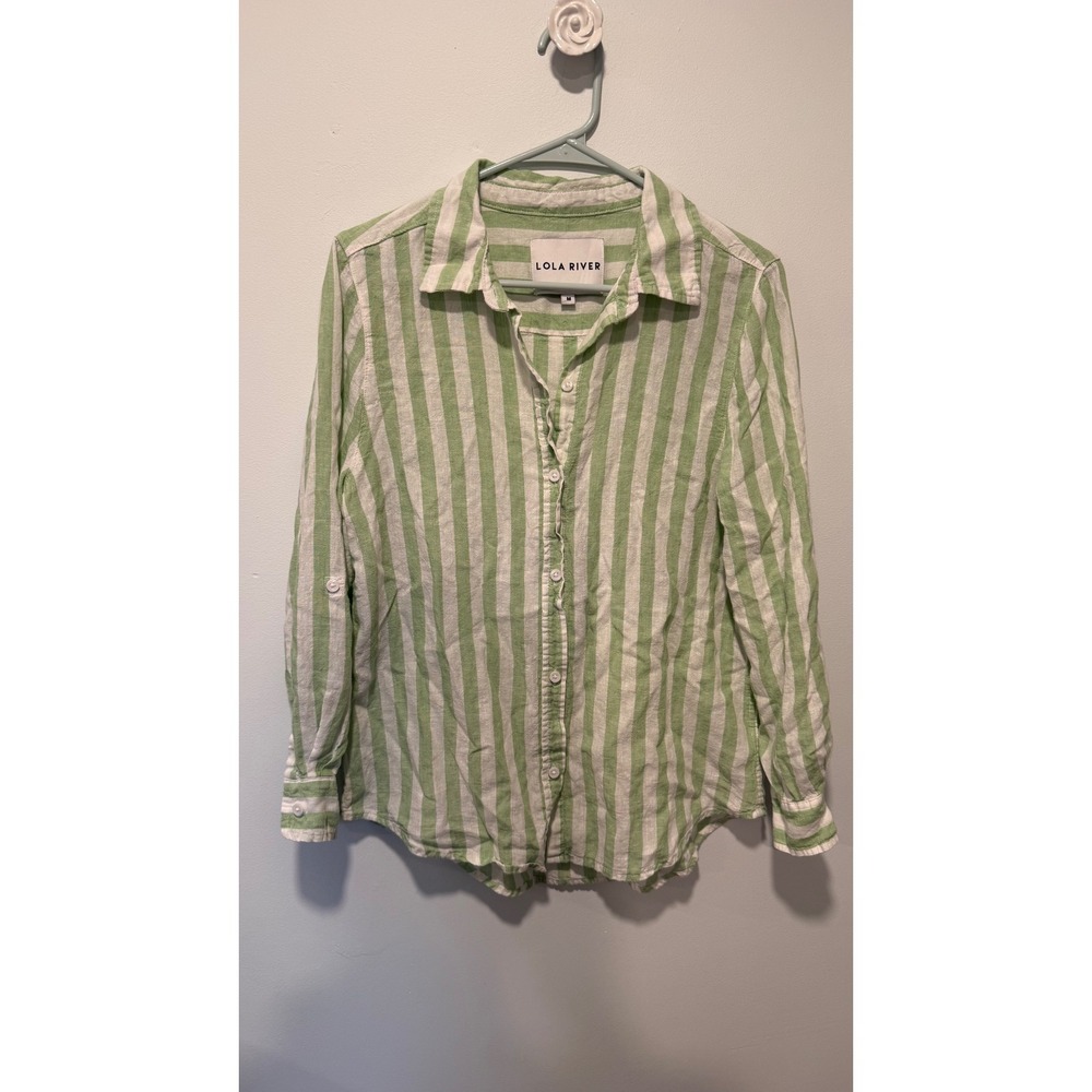 Lola River Green White Striped Linen Blend Button Down Shirt Womens Medium